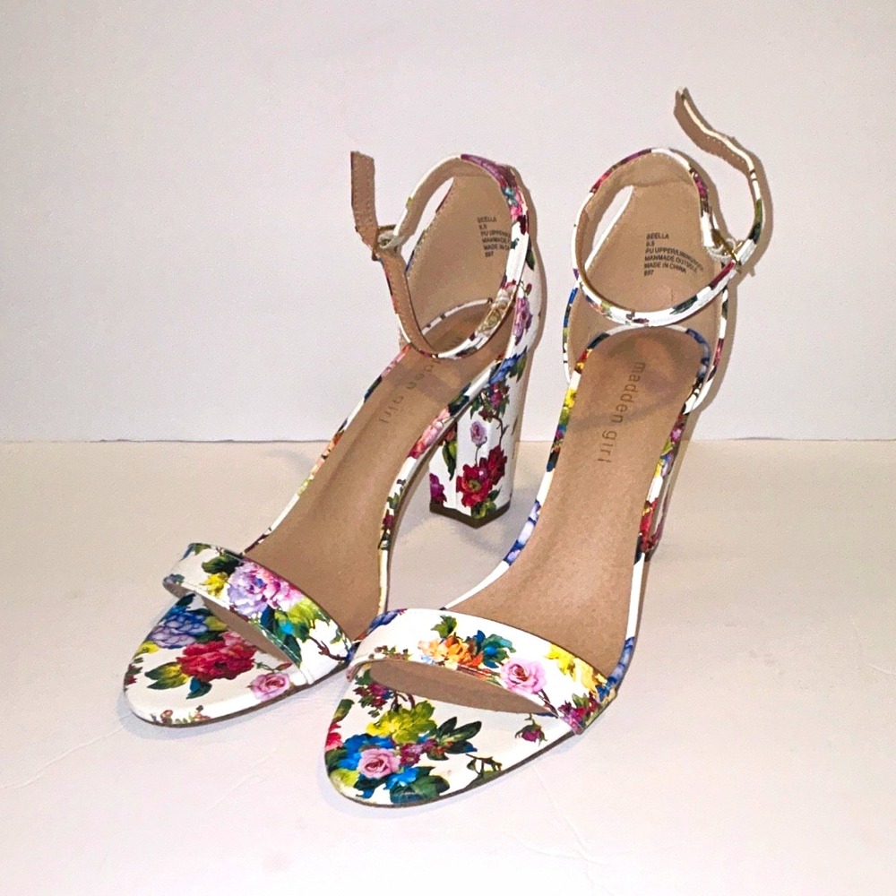 Madden Girl Women's Floral Strappy Open Toe Ankle Strap Heel US 9.5